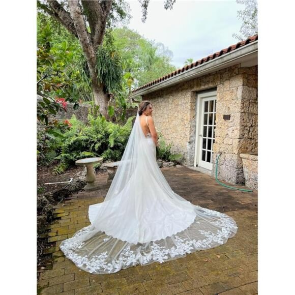 Ivory Cathedral Wedding Bridal Veils Long with Floral Embroidered Edge 1 Tier main image 6